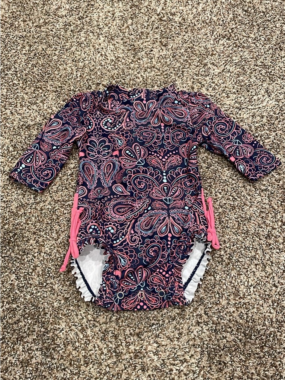 Girls Navy & Pink Paisley Long-Sleeve One-Piece Swimsuit